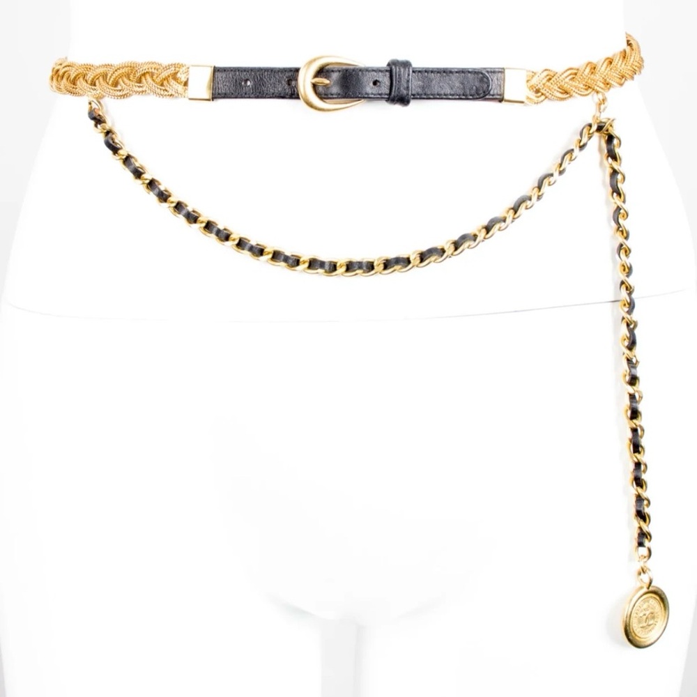 Authentic CHANEL vintage black leather chain belt 80cm